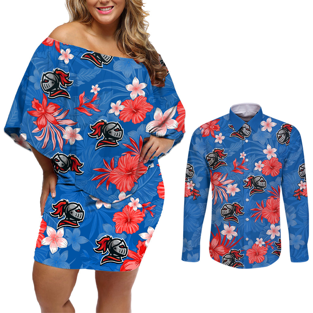custom-knights-rugby-couples-matching-off-shoulder-short-dress-and-long-sleeve-button-shirts-beautiful-floral-pattern-spring-summer-vibe
