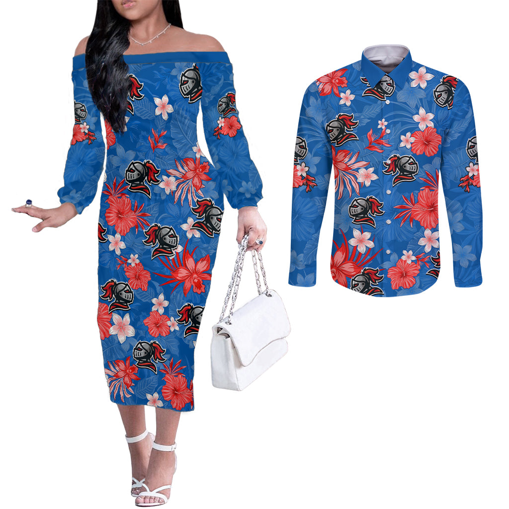 custom-knights-rugby-couples-matching-off-the-shoulder-long-sleeve-dress-and-long-sleeve-button-shirts-beautiful-floral-pattern-spring-summer-vibe