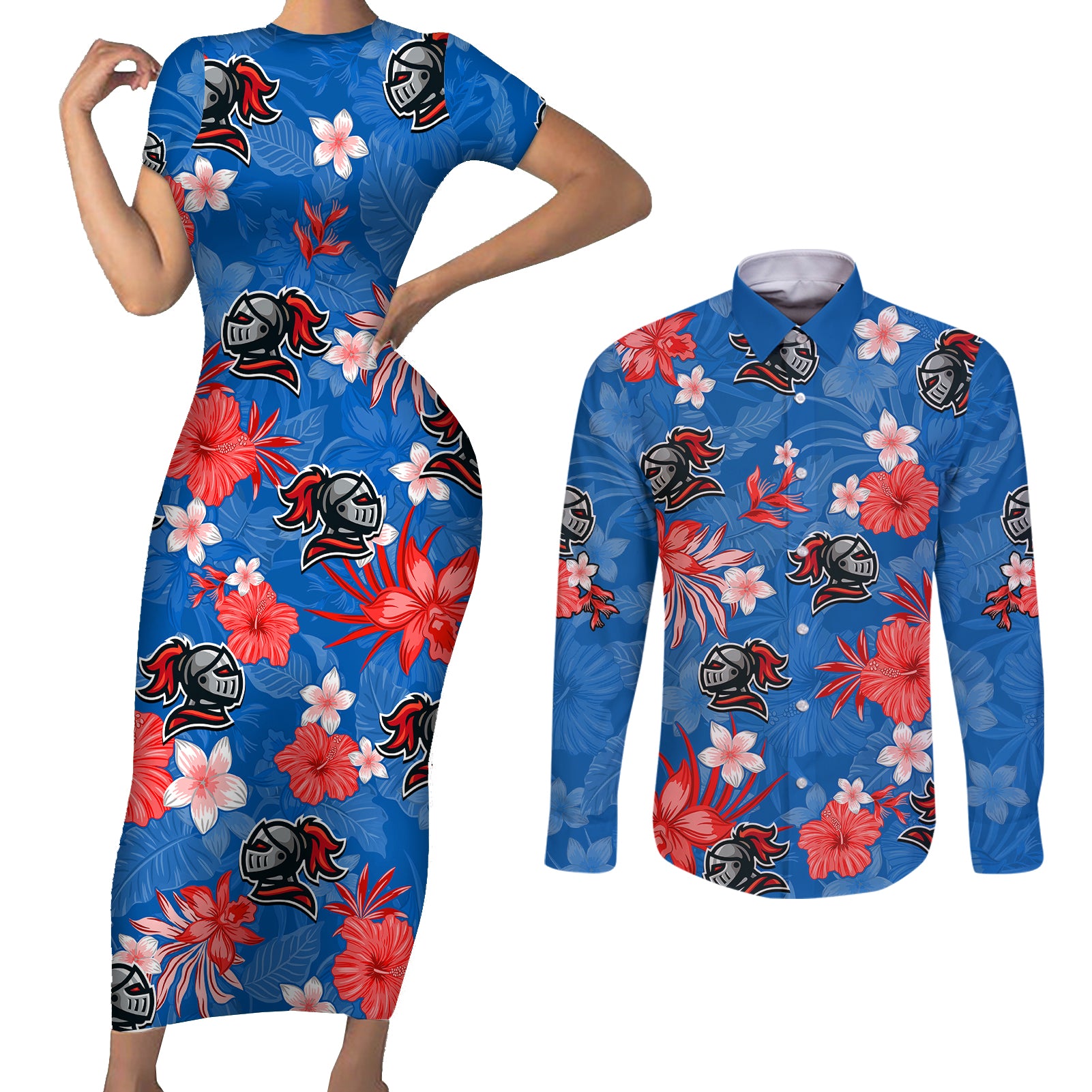 custom-knights-rugby-couples-matching-short-sleeve-bodycon-dress-and-long-sleeve-button-shirts-beautiful-floral-pattern-spring-summer-vibe