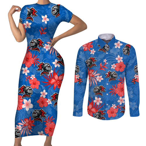 custom-knights-rugby-couples-matching-short-sleeve-bodycon-dress-and-long-sleeve-button-shirts-beautiful-floral-pattern-spring-summer-vibe