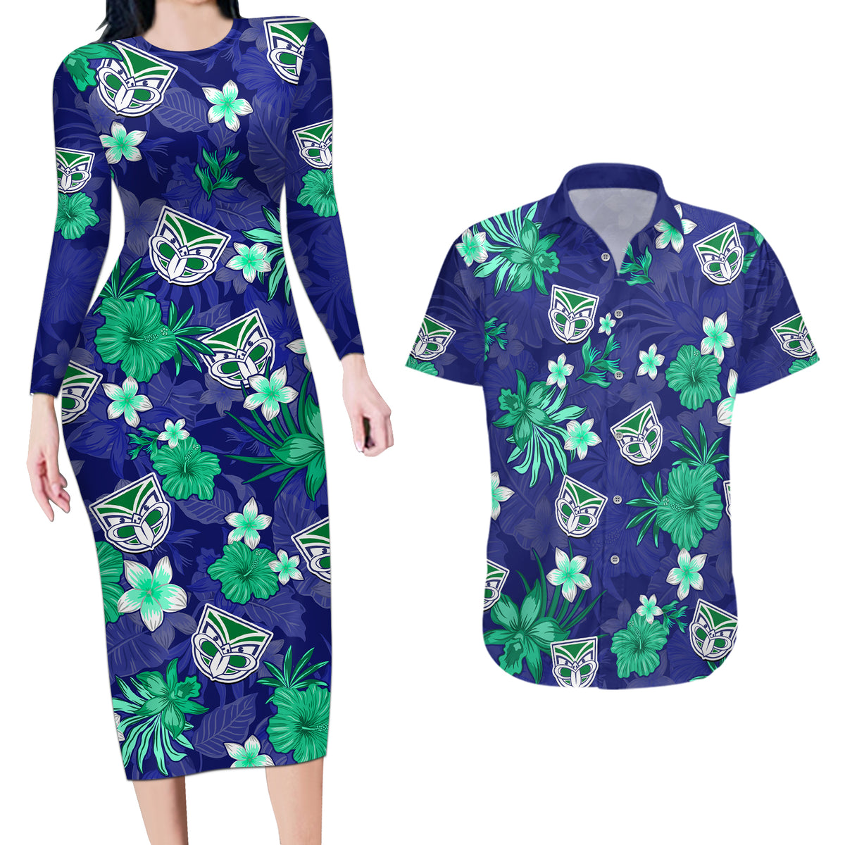 warriors-rugby-couples-matching-long-sleeve-bodycon-dress-and-hawaiian-shirt-beautiful-floral-pattern-spring-summer-vibe