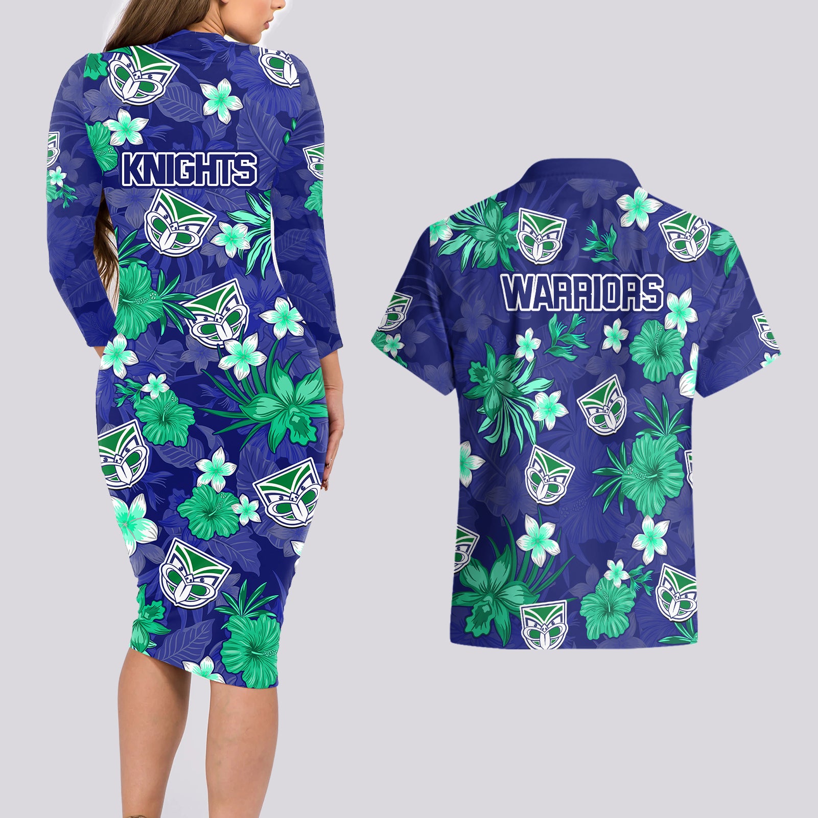warriors-rugby-couples-matching-long-sleeve-bodycon-dress-and-hawaiian-shirt-beautiful-floral-pattern-spring-summer-vibe