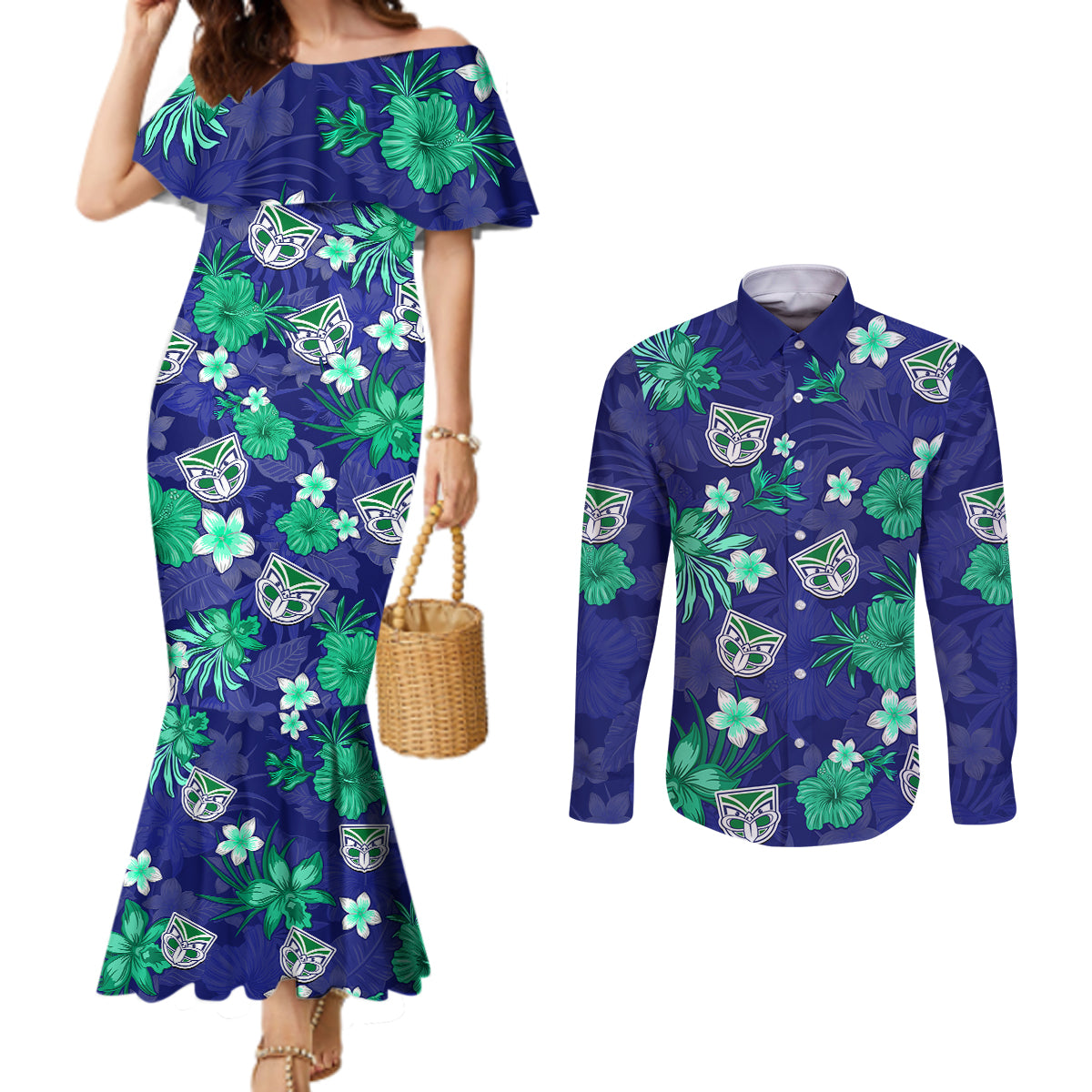 warriors-rugby-couples-matching-mermaid-dress-and-long-sleeve-button-shirts-beautiful-floral-pattern-spring-summer-vibe