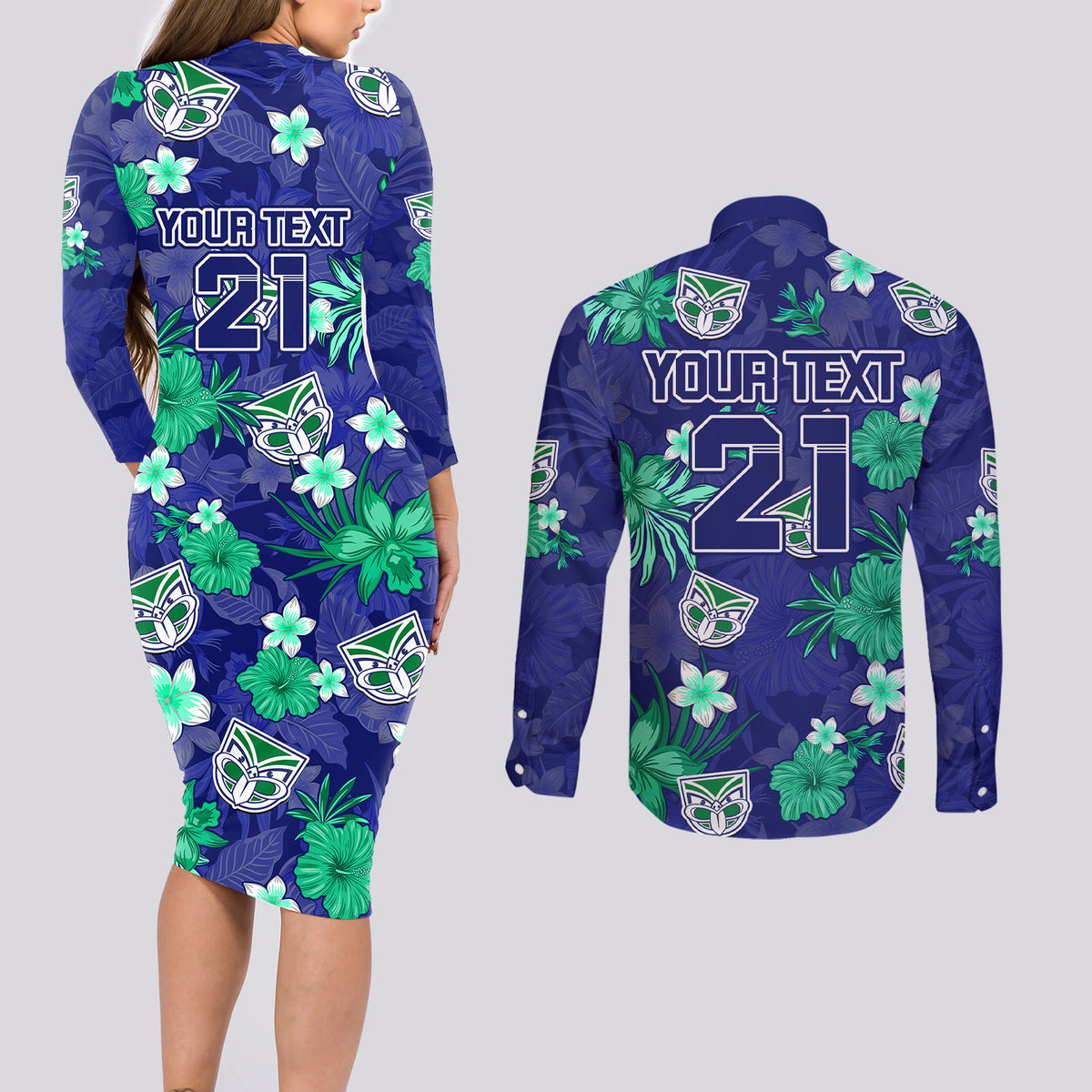 custom-warriors-rugby-couples-matching-long-sleeve-bodycon-dress-and-long-sleeve-button-shirts-beautiful-floral-pattern-spring-summer-vibe