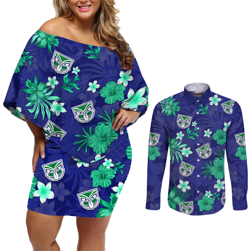 custom-warriors-rugby-couples-matching-off-shoulder-short-dress-and-long-sleeve-button-shirts-beautiful-floral-pattern-spring-summer-vibe