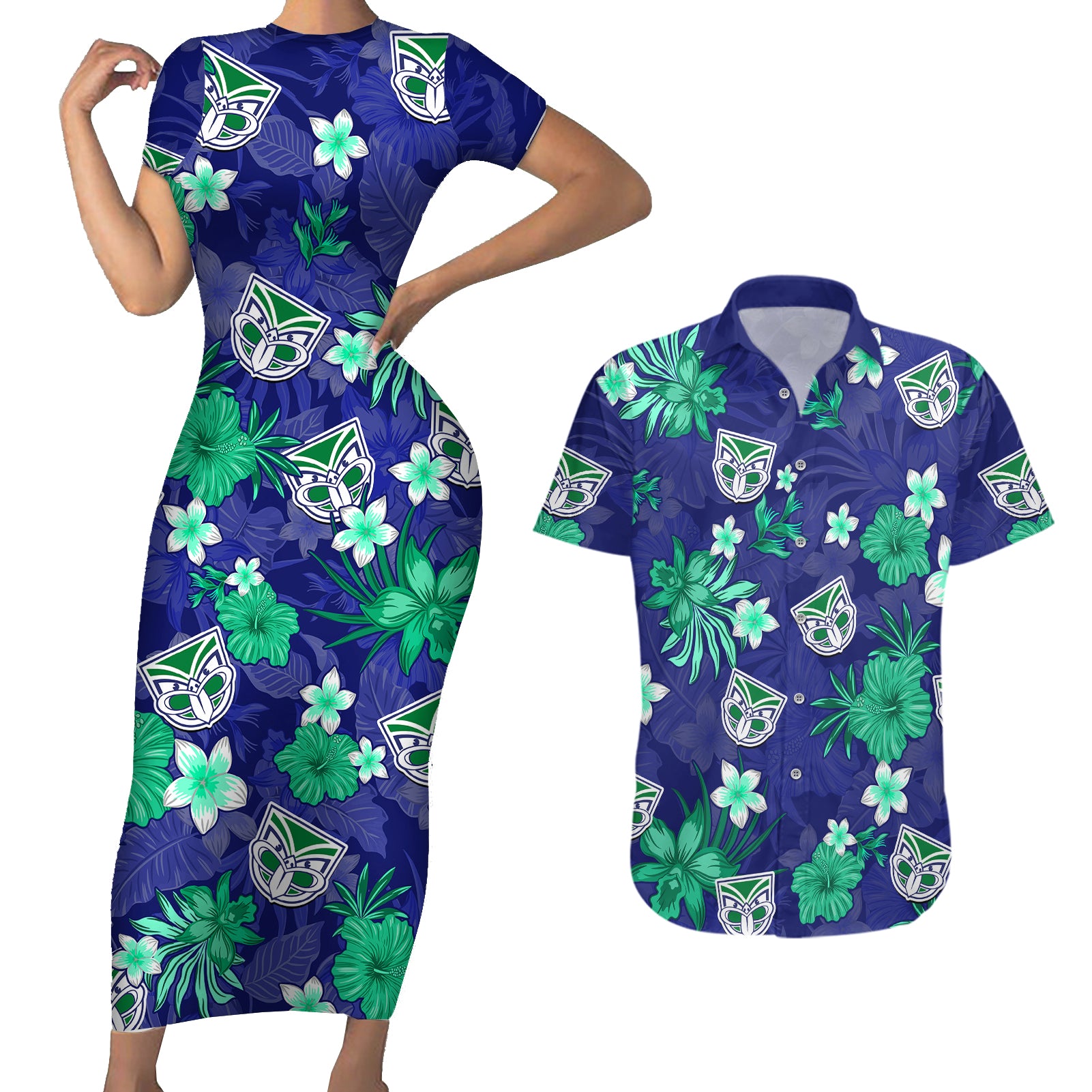 custom-warriors-rugby-couples-matching-short-sleeve-bodycon-dress-and-hawaiian-shirt-beautiful-floral-pattern-spring-summer-vibe
