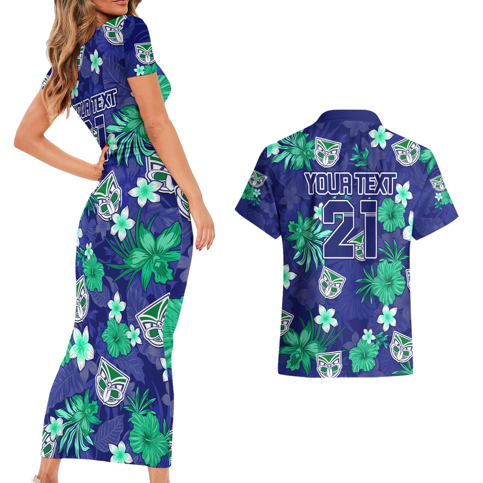 custom-warriors-rugby-couples-matching-short-sleeve-bodycon-dress-and-hawaiian-shirt-beautiful-floral-pattern-spring-summer-vibe