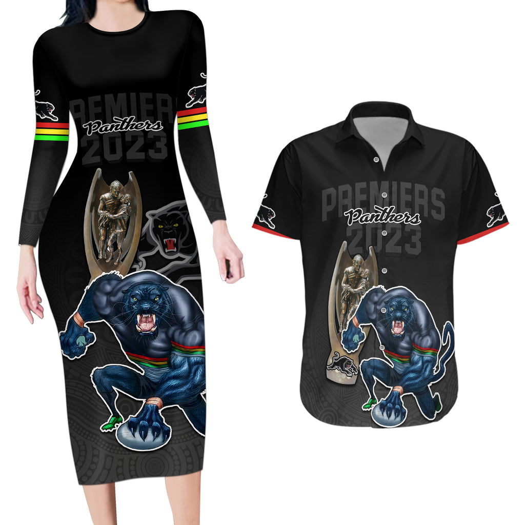 panthers-premier-2023-couples-matching-long-sleeve-bodycon-dress-and-hawaiian-shirt-mascot-with-nrl-trophy-black-version