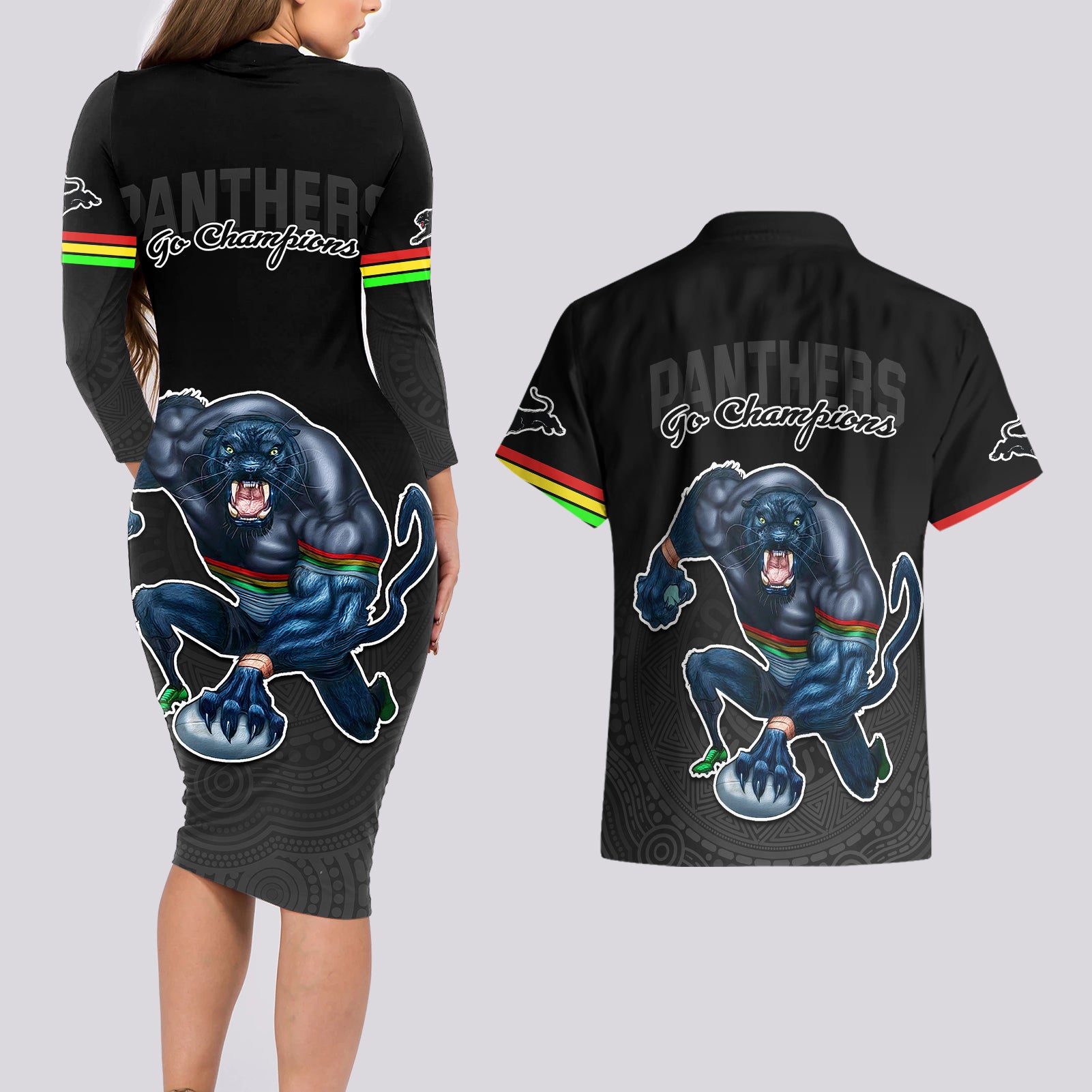 panthers-premier-2023-couples-matching-long-sleeve-bodycon-dress-and-hawaiian-shirt-mascot-with-nrl-trophy-black-version