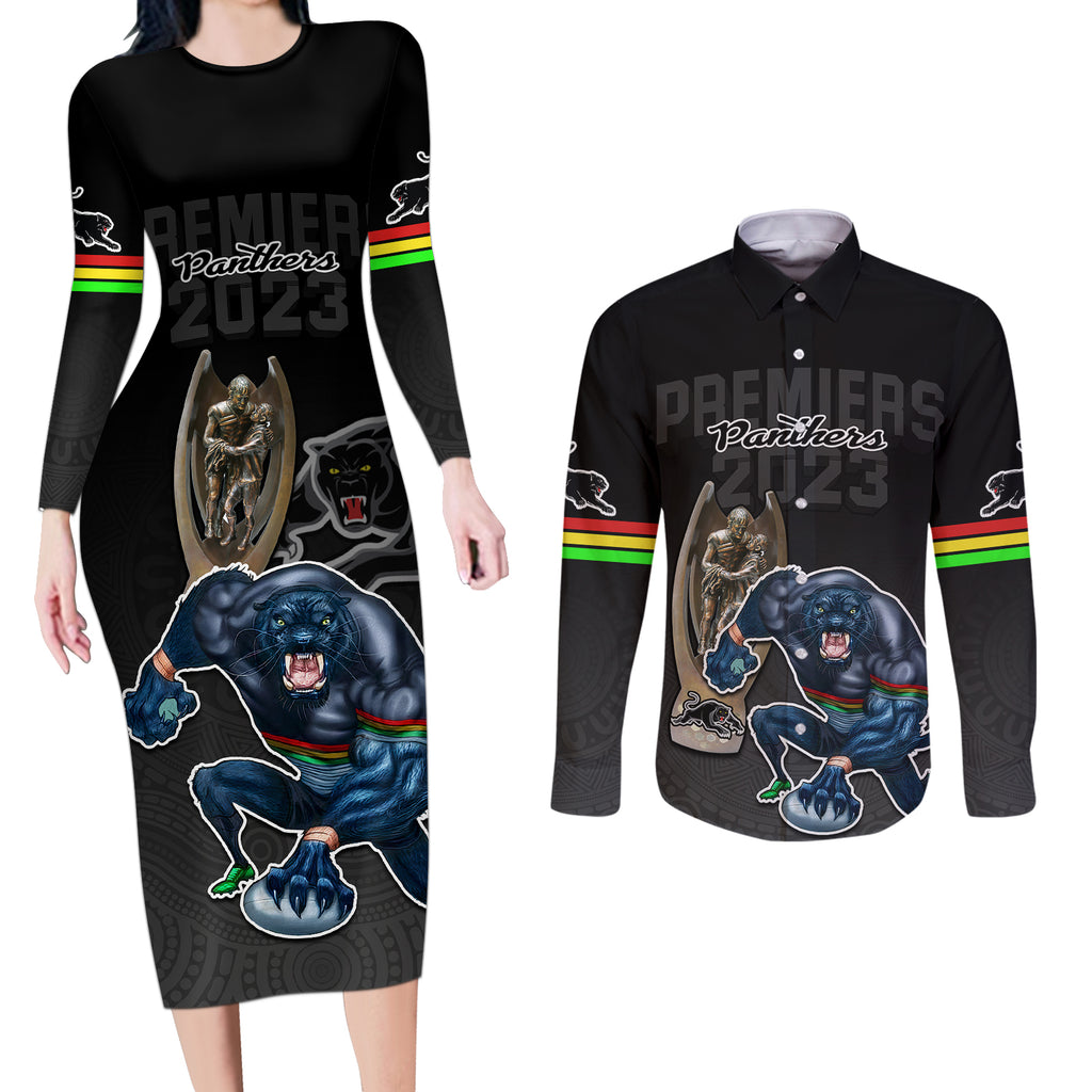 panthers-premier-2023-couples-matching-long-sleeve-bodycon-dress-and-long-sleeve-button-shirts-mascot-with-nrl-trophy-black-version