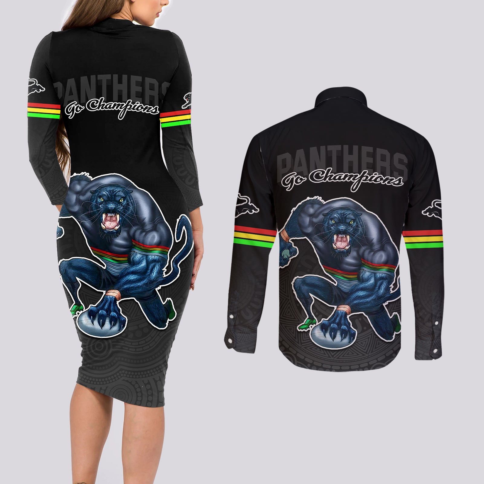 panthers-premier-2023-couples-matching-long-sleeve-bodycon-dress-and-long-sleeve-button-shirts-mascot-with-nrl-trophy-black-version