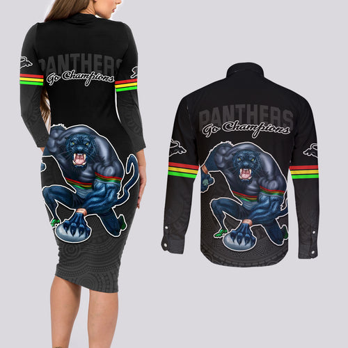 panthers-premier-2023-couples-matching-long-sleeve-bodycon-dress-and-long-sleeve-button-shirts-mascot-with-nrl-trophy-black-version