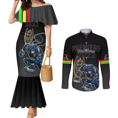 panthers-premier-2023-couples-matching-mermaid-dress-and-long-sleeve-button-shirts-mascot-with-nrl-trophy-black-version