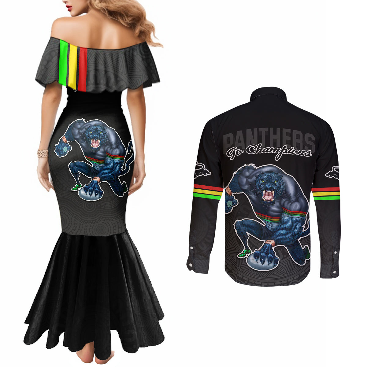 panthers-premier-2023-couples-matching-mermaid-dress-and-long-sleeve-button-shirts-mascot-with-nrl-trophy-black-version
