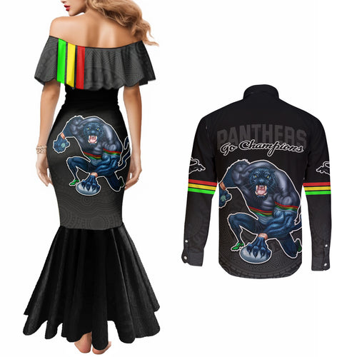 panthers-premier-2023-couples-matching-mermaid-dress-and-long-sleeve-button-shirts-mascot-with-nrl-trophy-black-version