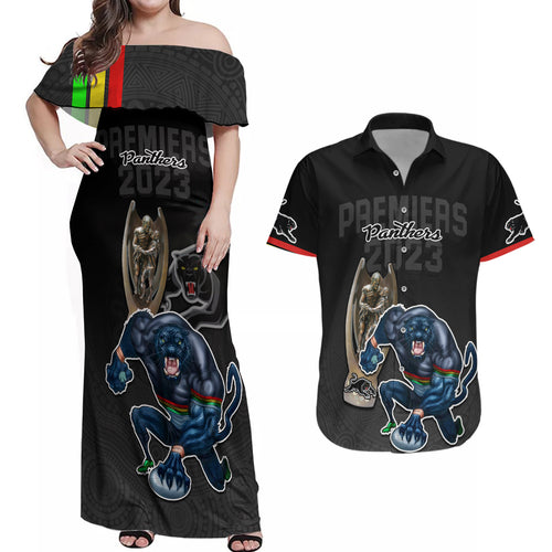 panthers-premier-2023-couples-matching-off-shoulder-maxi-dress-and-hawaiian-shirt-mascot-with-nrl-trophy-black-version