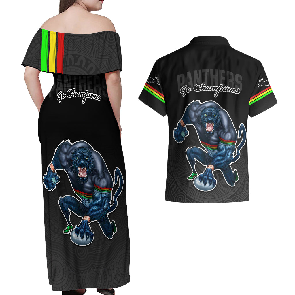 panthers-premier-2023-couples-matching-off-shoulder-maxi-dress-and-hawaiian-shirt-mascot-with-nrl-trophy-black-version