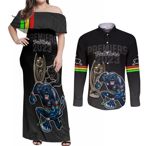 panthers-premier-2023-couples-matching-off-shoulder-maxi-dress-and-long-sleeve-button-shirts-mascot-with-nrl-trophy-black-version