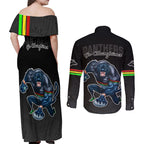 panthers-premier-2023-couples-matching-off-shoulder-maxi-dress-and-long-sleeve-button-shirts-mascot-with-nrl-trophy-black-version