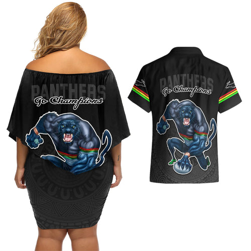 panthers-premier-2023-couples-matching-off-shoulder-short-dress-and-hawaiian-shirt-mascot-with-nrl-trophy-black-version