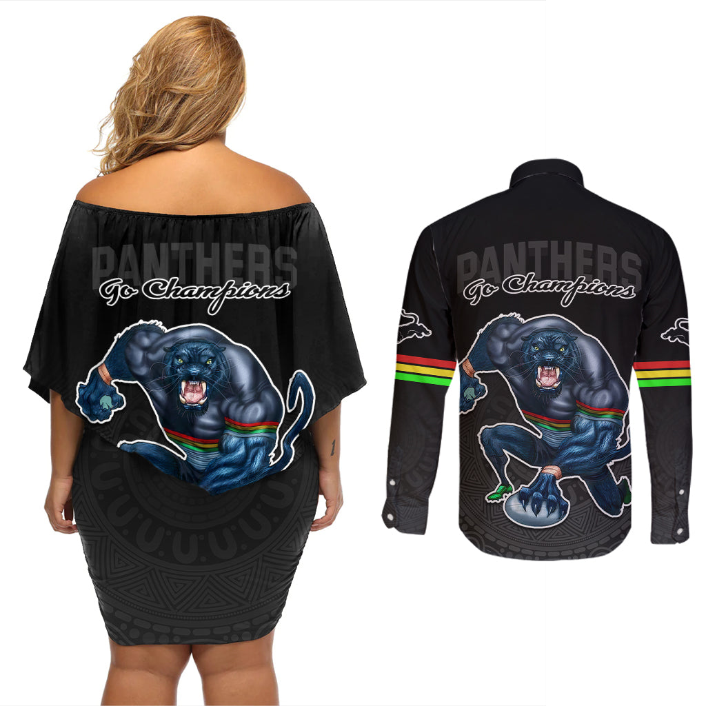 panthers-premier-2023-couples-matching-off-shoulder-short-dress-and-long-sleeve-button-shirts-mascot-with-nrl-trophy-black-version