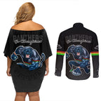 panthers-premier-2023-couples-matching-off-shoulder-short-dress-and-long-sleeve-button-shirts-mascot-with-nrl-trophy-black-version