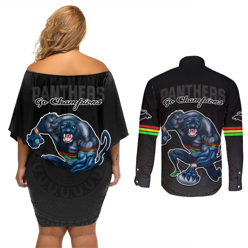 panthers-premier-2023-couples-matching-off-shoulder-short-dress-and-long-sleeve-button-shirts-mascot-with-nrl-trophy-black-version