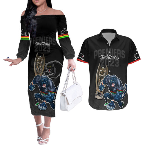 panthers-premier-2023-couples-matching-off-the-shoulder-long-sleeve-dress-and-hawaiian-shirt-mascot-with-nrl-trophy-black-version