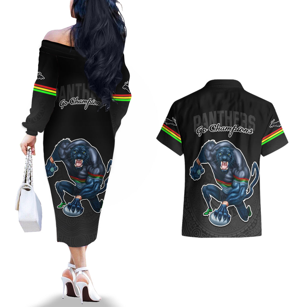 panthers-premier-2023-couples-matching-off-the-shoulder-long-sleeve-dress-and-hawaiian-shirt-mascot-with-nrl-trophy-black-version