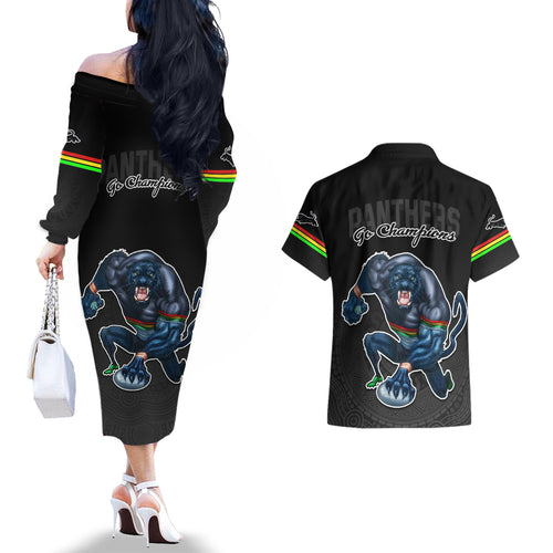 panthers-premier-2023-couples-matching-off-the-shoulder-long-sleeve-dress-and-hawaiian-shirt-mascot-with-nrl-trophy-black-version