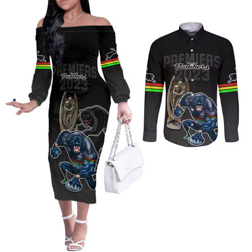 panthers-premier-2023-couples-matching-off-the-shoulder-long-sleeve-dress-and-long-sleeve-button-shirts-mascot-with-nrl-trophy-black-version