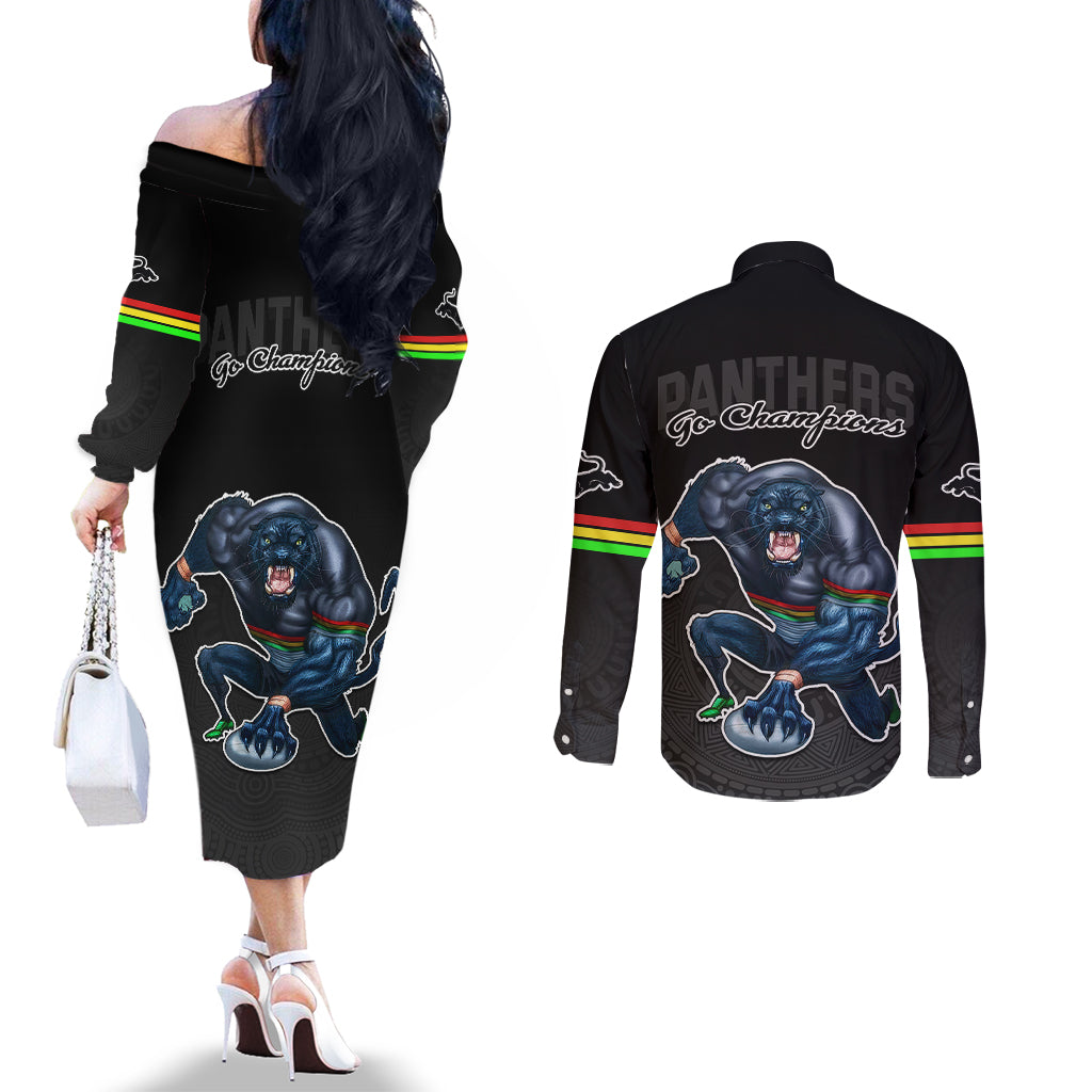 panthers-premier-2023-couples-matching-off-the-shoulder-long-sleeve-dress-and-long-sleeve-button-shirts-mascot-with-nrl-trophy-black-version