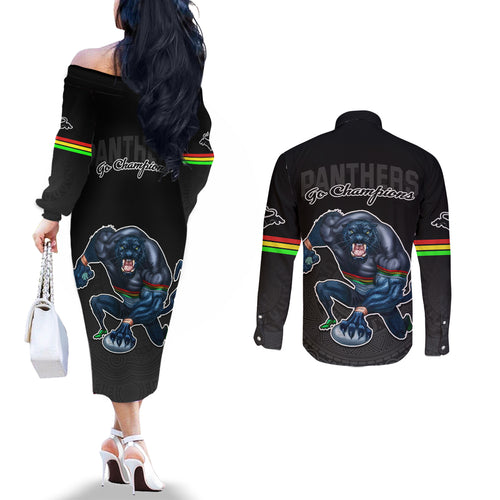 panthers-premier-2023-couples-matching-off-the-shoulder-long-sleeve-dress-and-long-sleeve-button-shirts-mascot-with-nrl-trophy-black-version