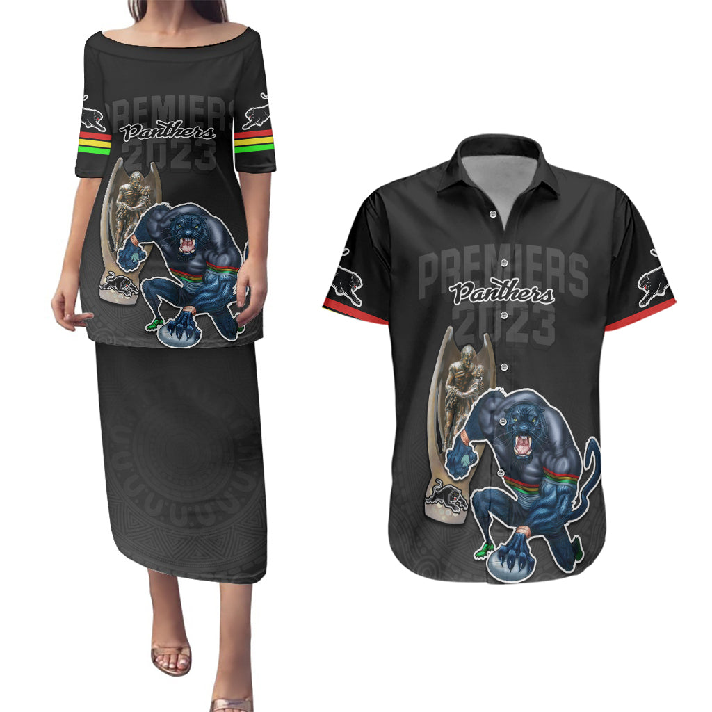 panthers-premier-2023-couples-matching-puletasi-dress-and-hawaiian-shirt-mascot-with-nrl-trophy-black-version