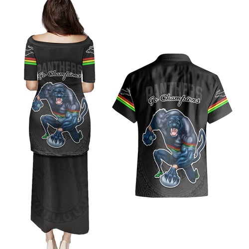panthers-premier-2023-couples-matching-puletasi-dress-and-hawaiian-shirt-mascot-with-nrl-trophy-black-version