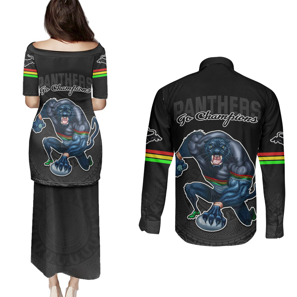 panthers-premier-2023-couples-matching-puletasi-dress-and-long-sleeve-button-shirts-mascot-with-nrl-trophy-black-version