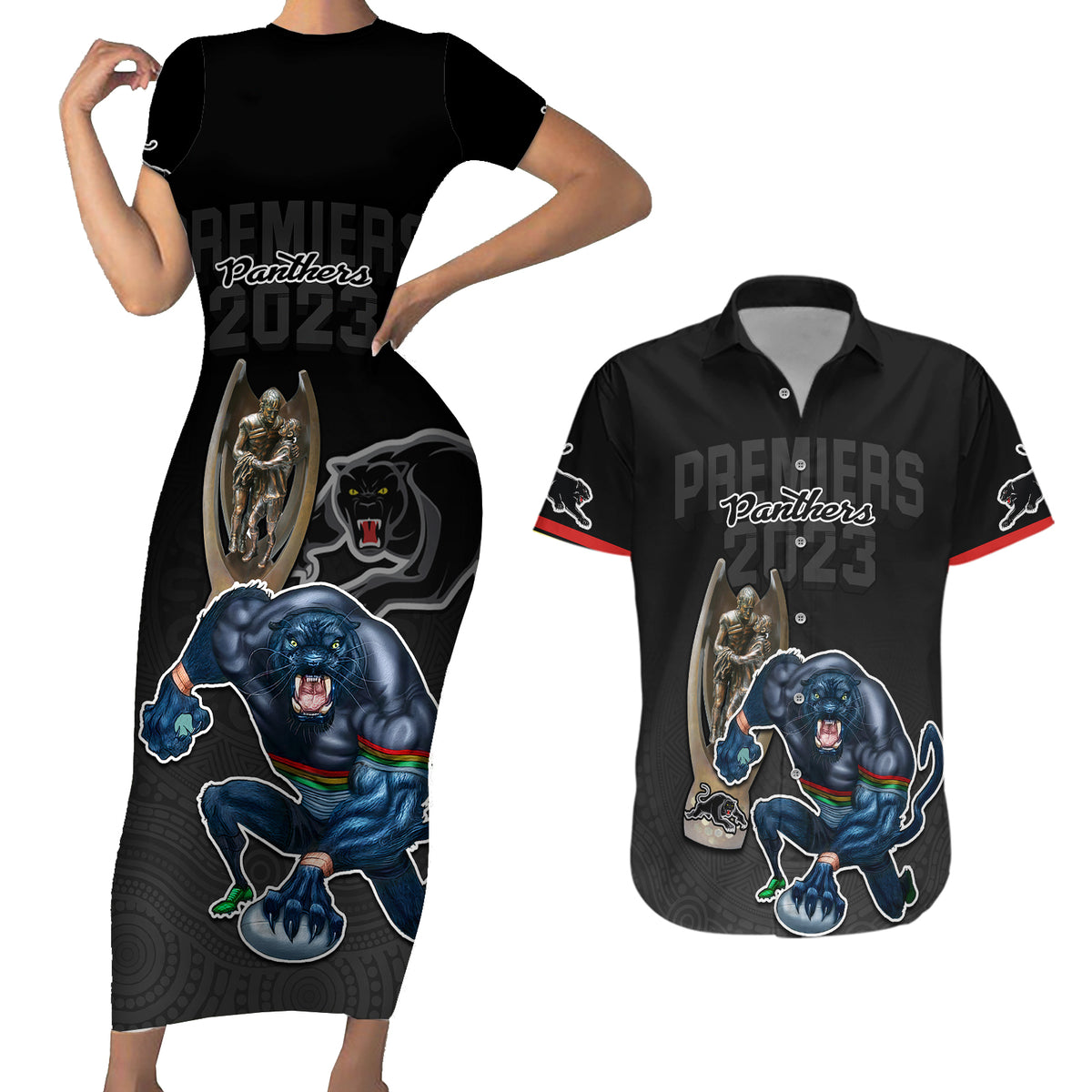 panthers-premier-2023-couples-matching-short-sleeve-bodycon-dress-and-hawaiian-shirt-mascot-with-nrl-trophy-black-version