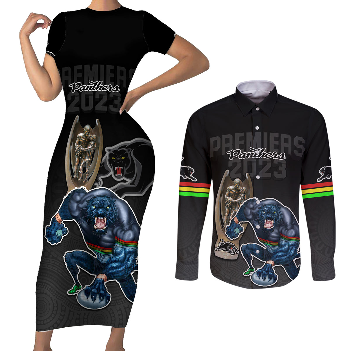 panthers-premier-2023-couples-matching-short-sleeve-bodycon-dress-and-long-sleeve-button-shirts-mascot-with-nrl-trophy-black-version