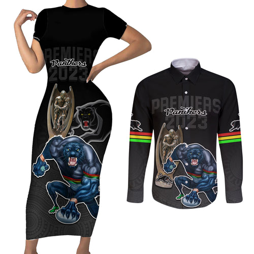 panthers-premier-2023-couples-matching-short-sleeve-bodycon-dress-and-long-sleeve-button-shirts-mascot-with-nrl-trophy-black-version