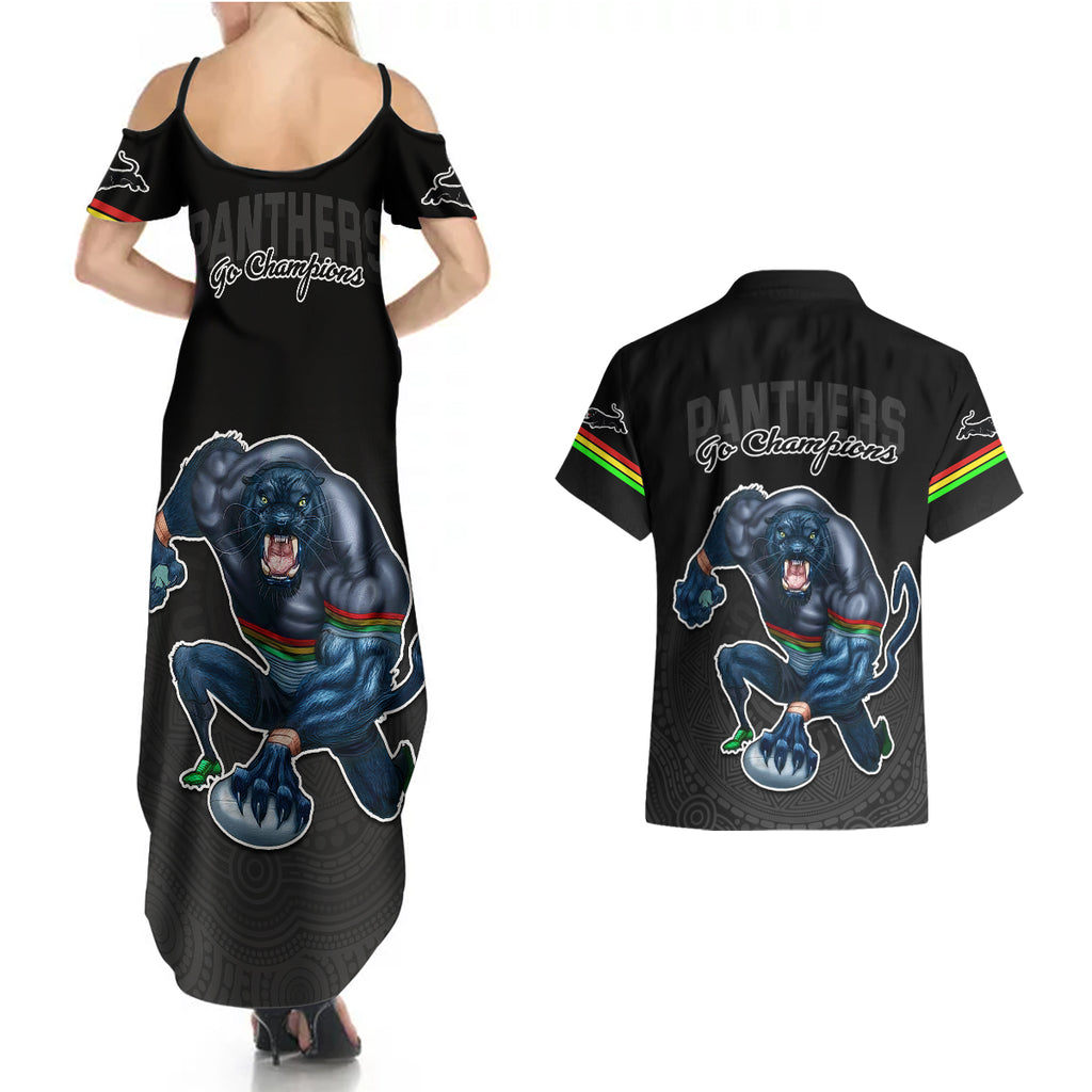 panthers-premier-2023-couples-matching-summer-maxi-dress-and-hawaiian-shirt-mascot-with-nrl-trophy-black-version