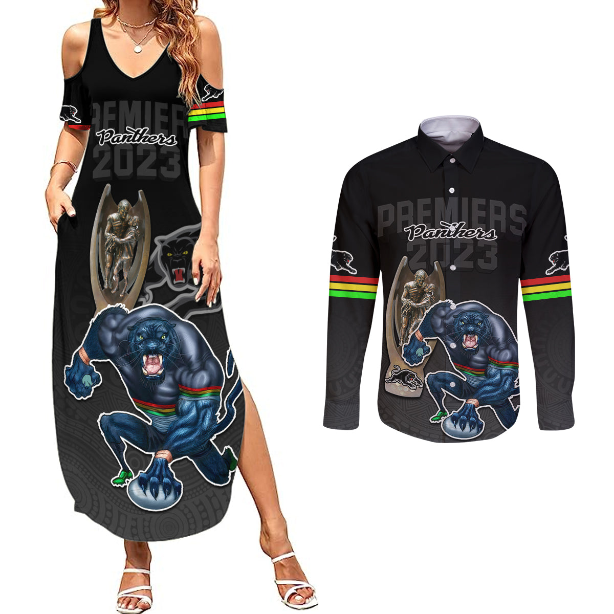 panthers-premier-2023-couples-matching-summer-maxi-dress-and-long-sleeve-button-shirts-mascot-with-nrl-trophy-black-version