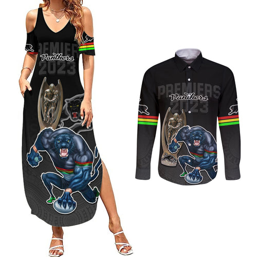 panthers-premier-2023-couples-matching-summer-maxi-dress-and-long-sleeve-button-shirts-mascot-with-nrl-trophy-black-version