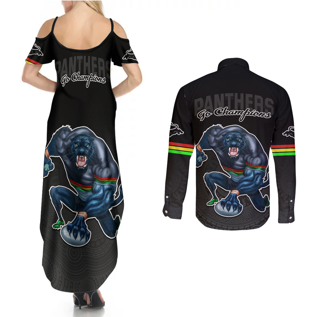 panthers-premier-2023-couples-matching-summer-maxi-dress-and-long-sleeve-button-shirts-mascot-with-nrl-trophy-black-version