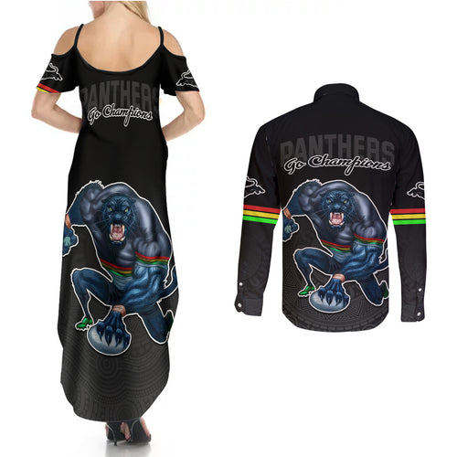 panthers-premier-2023-couples-matching-summer-maxi-dress-and-long-sleeve-button-shirts-mascot-with-nrl-trophy-black-version