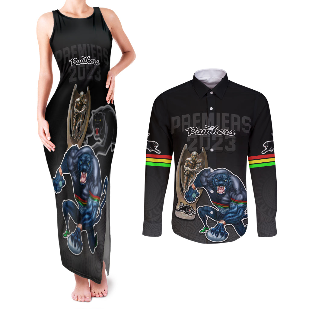 panthers-premier-2023-couples-matching-tank-maxi-dress-and-long-sleeve-button-shirts-mascot-with-nrl-trophy-black-version