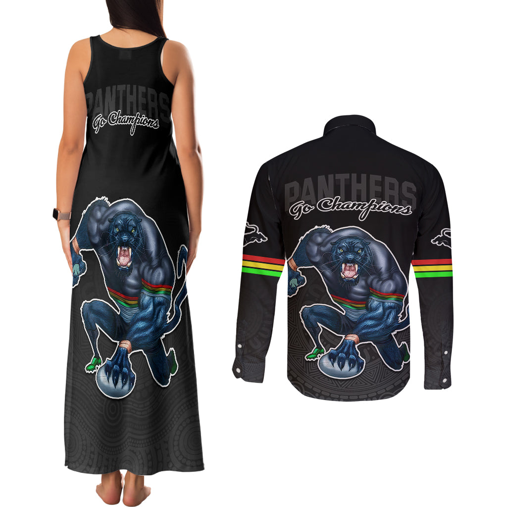 panthers-premier-2023-couples-matching-tank-maxi-dress-and-long-sleeve-button-shirts-mascot-with-nrl-trophy-black-version