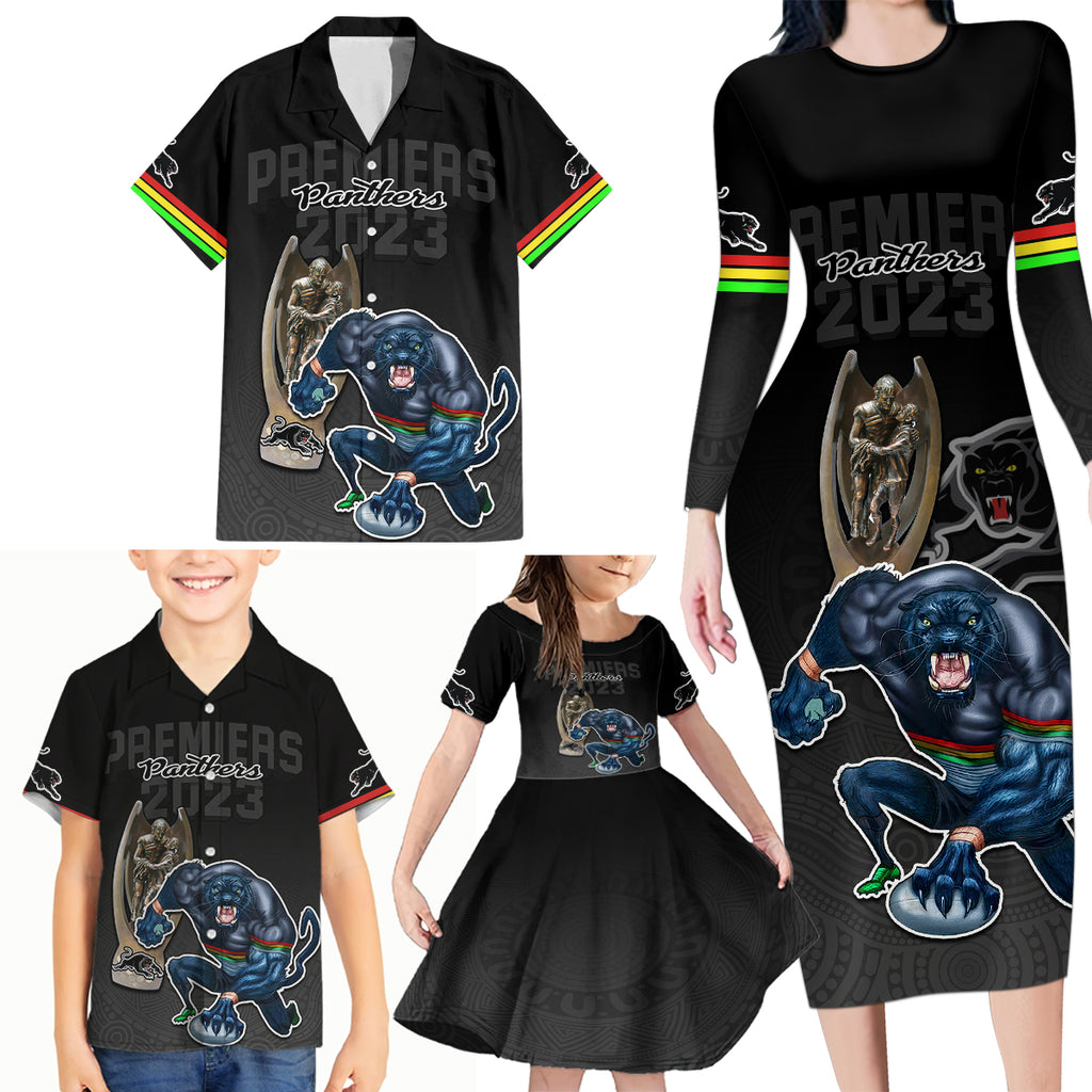 panthers-premier-2023-family-matching-long-sleeve-bodycon-dress-and-hawaiian-shirt-mascot-with-nrl-trophy-black-version