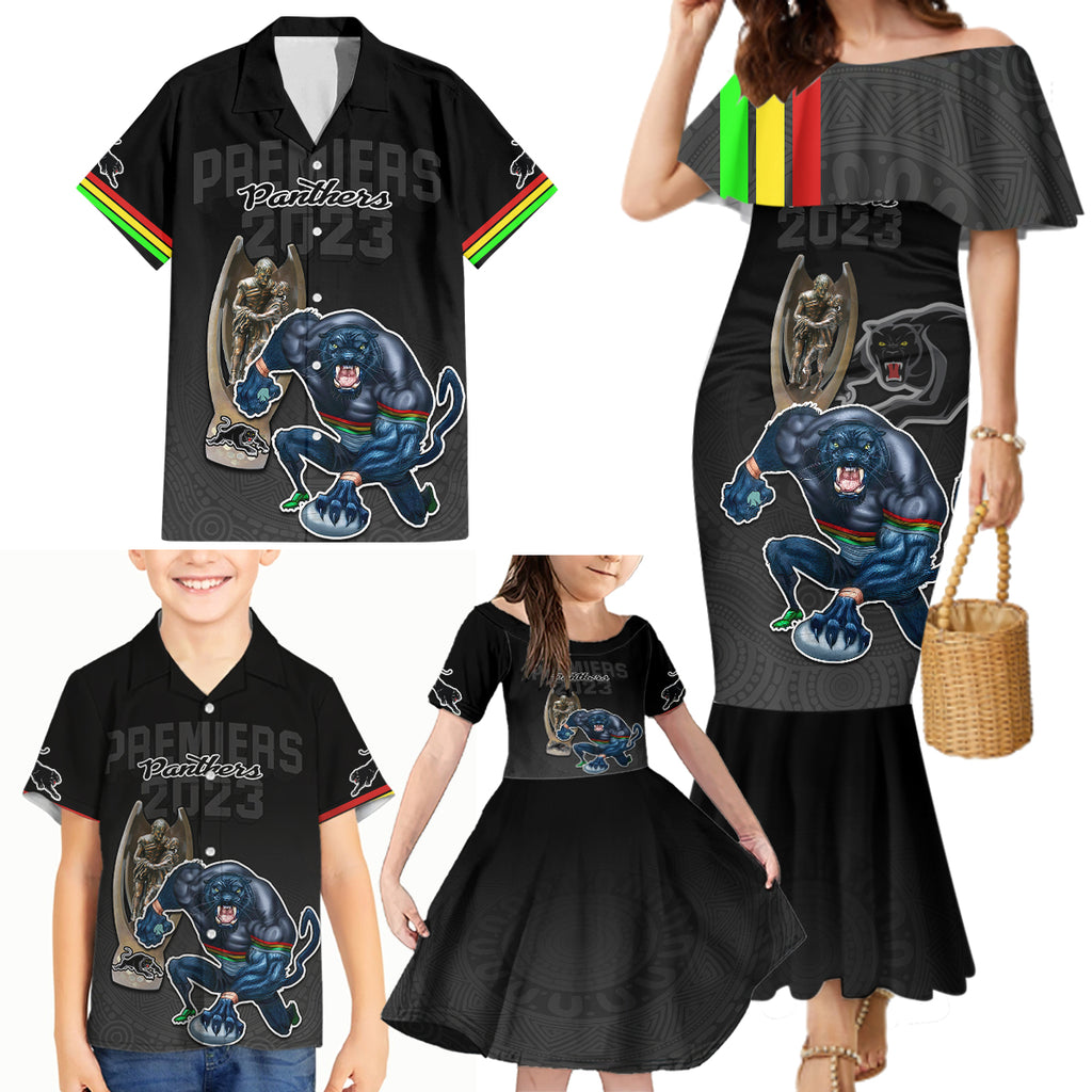 panthers-premier-2023-family-matching-mermaid-dress-and-hawaiian-shirt-mascot-with-nrl-trophy-black-version