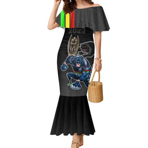 panthers-premier-2023-family-matching-mermaid-dress-and-hawaiian-shirt-mascot-with-nrl-trophy-black-version