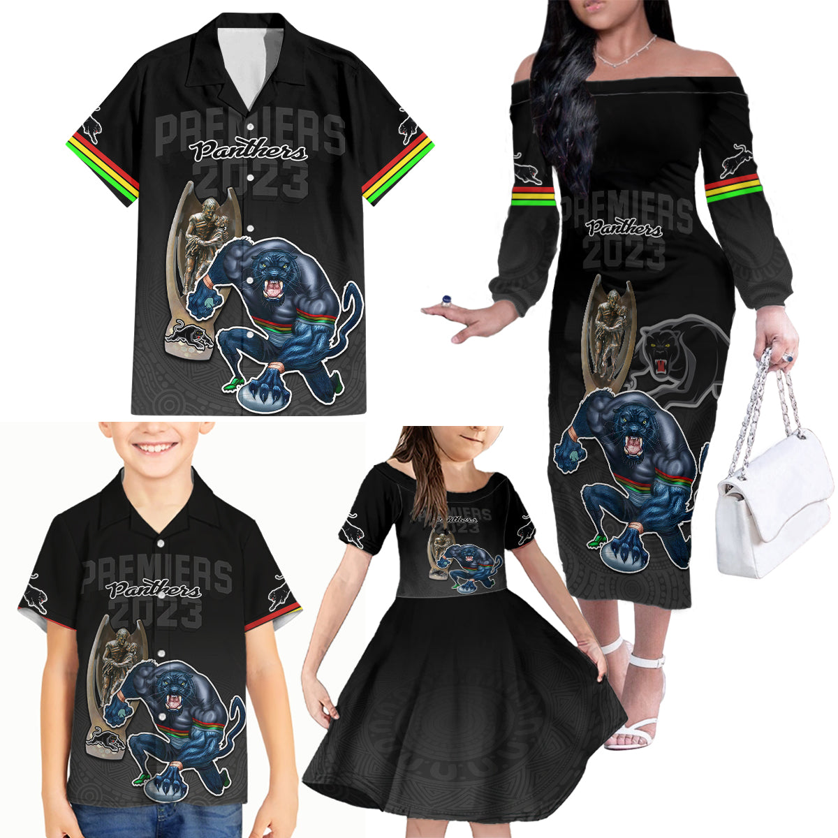 panthers-premier-2023-family-matching-off-shoulder-long-sleeve-dress-and-hawaiian-shirt-mascot-with-nrl-trophy-black-version